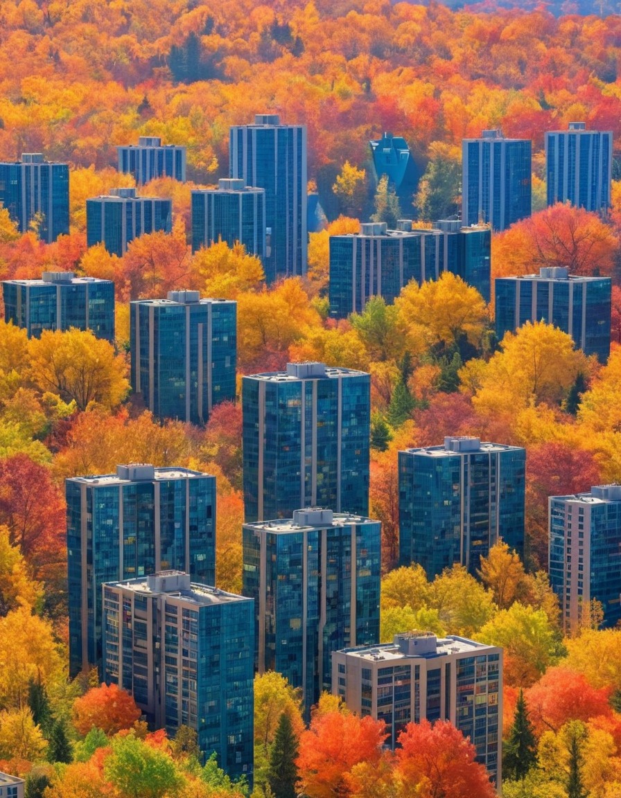 cityscape, skyscrapers, urban, autumn, forest, nature, city