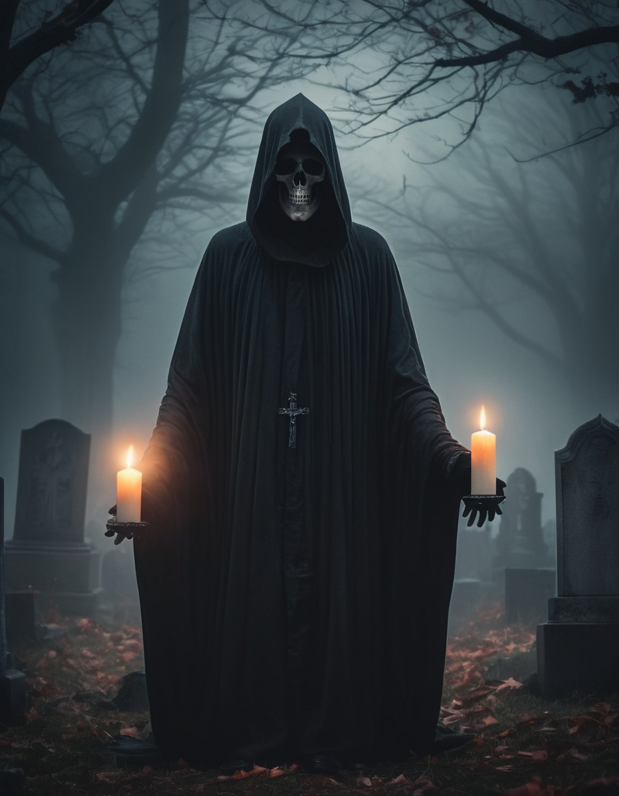 graveyard, cloaked figure, candle, misty, spooky, gothic, underground, dark