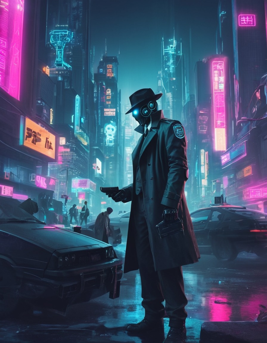 robot, detective, cyberpunk, crime, city, robots