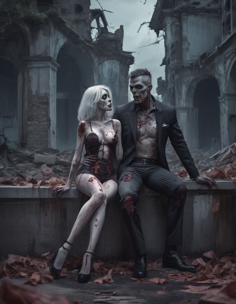 zombie, couple, romantic, city ruins