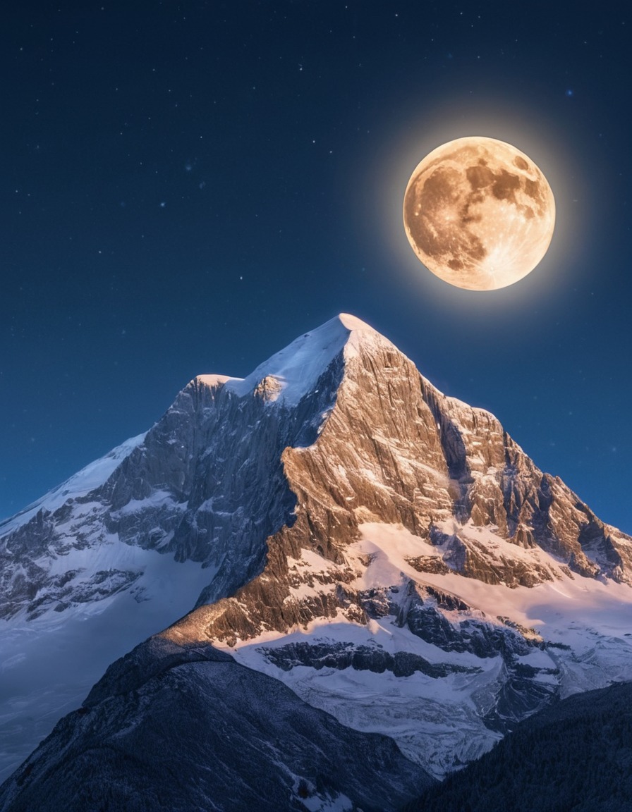 mountain, snow-capped, peak, full moon, nature