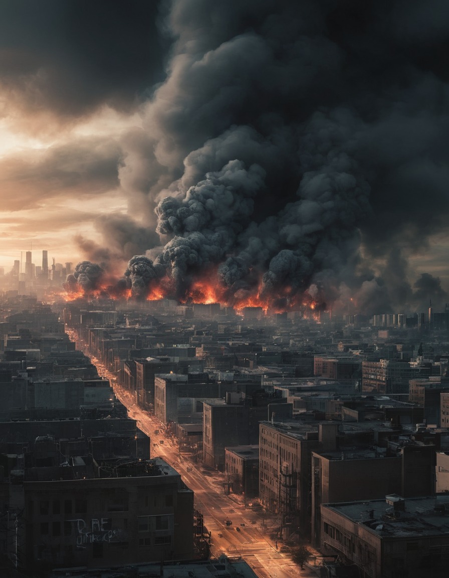 cityscape, skyline, smoke, explosions, fires, war, usa