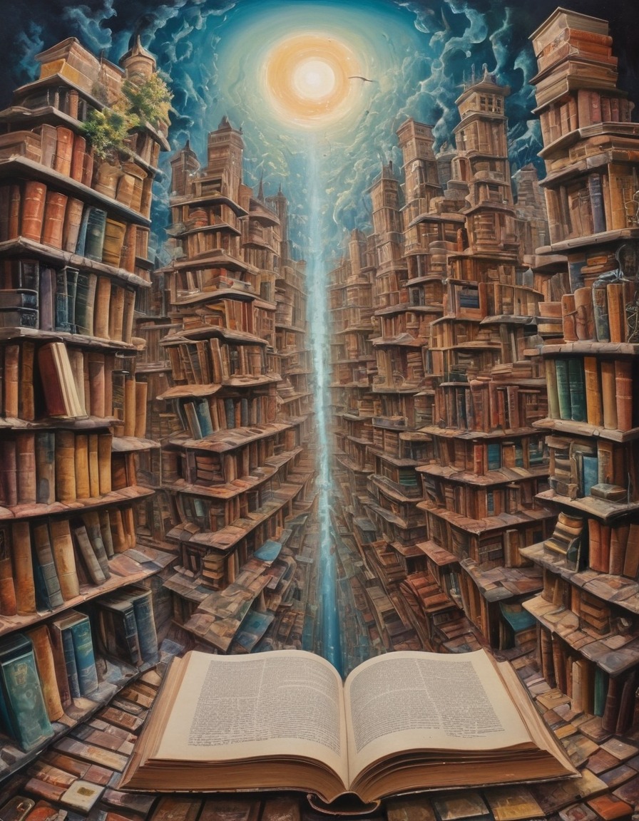 cityscape, buildings, books, architecture, innovation, surreal