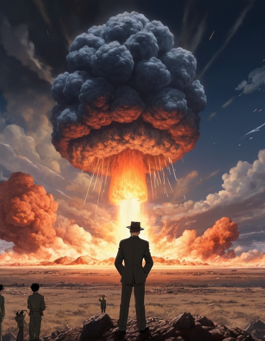 robert oppenheimer, atomic bomb, detonation, trinity test, history, science, dramatic scene, anime