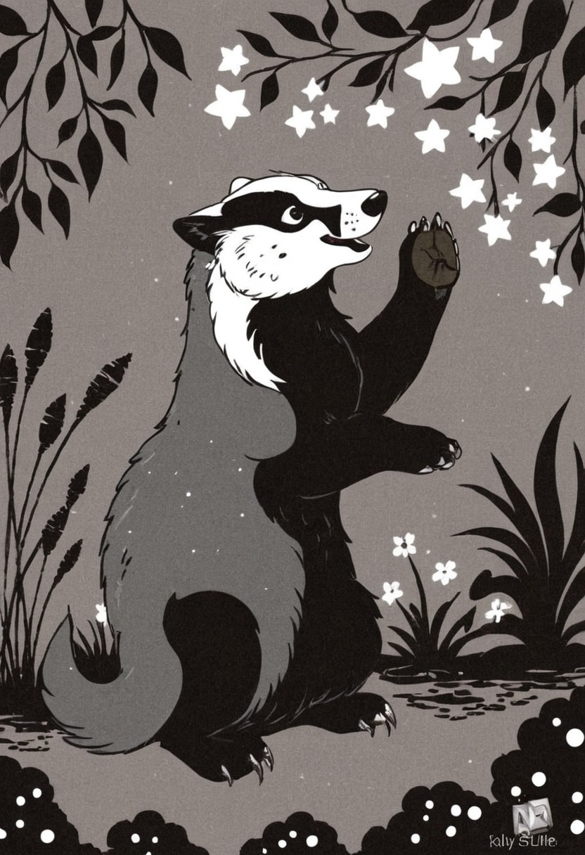 animal, animalart, badger, greyscale, markers, stars