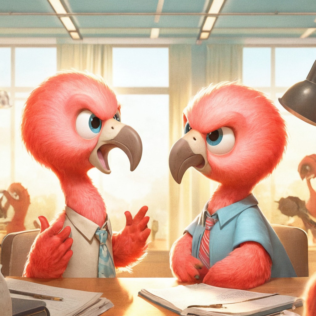 animal, bird, arguments, copilot, dalle3, fighting, flamingo, office, work, aiart