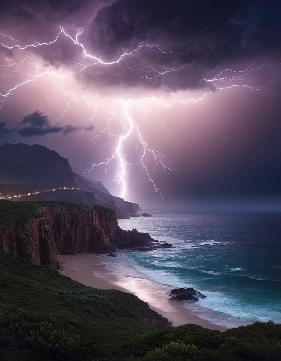 lightning storm, night sky, rugged coastline, natural beauty, nature