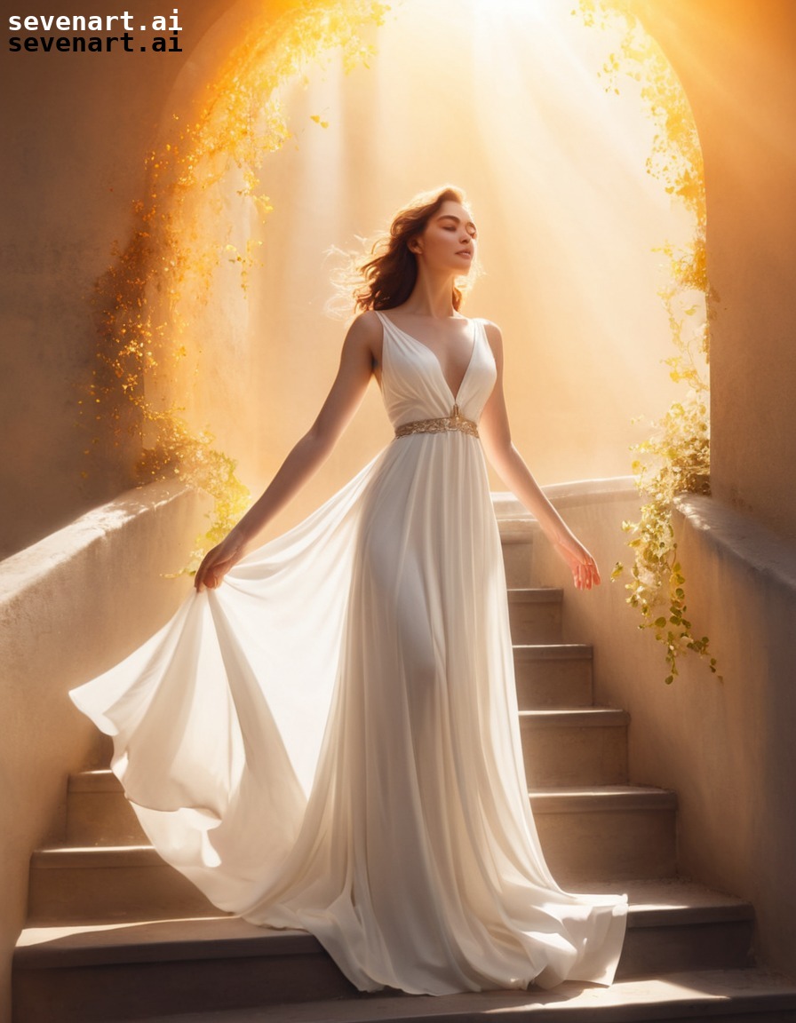 radiant, sunlight, golden glow, white dress, basking, woman