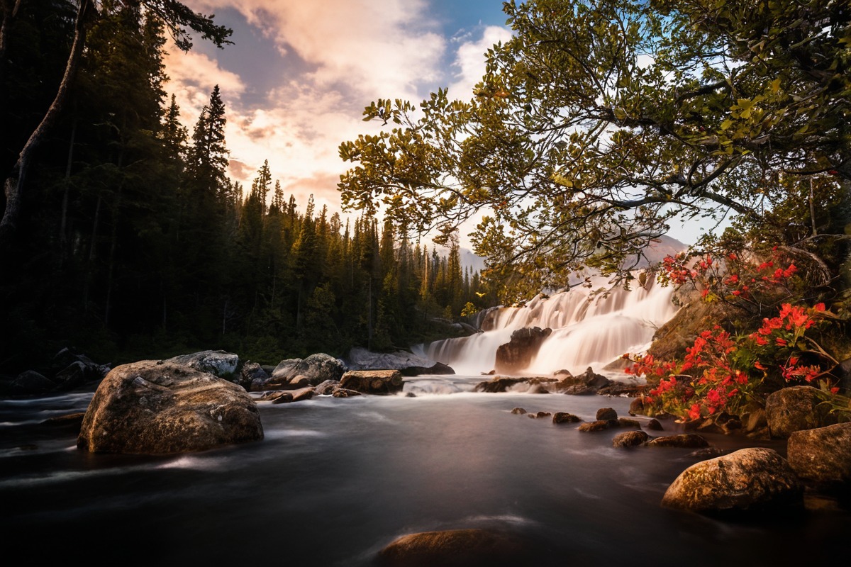 red, waterfalls, autumn, autumnleaves, landscapephotography, landscapescenery, longexposure, longexposurephotography, waterfallscenery