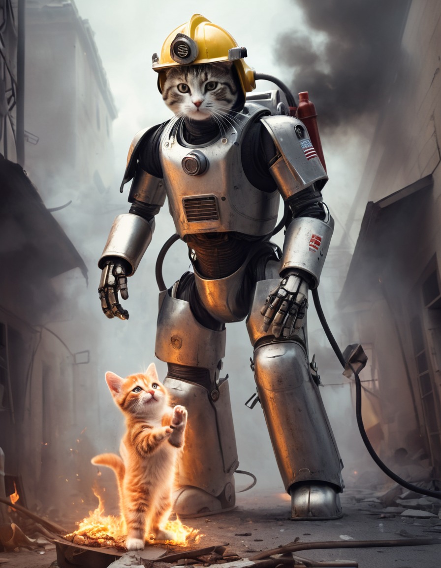 robot, firefighter, rescue, kitten, burning building, robots