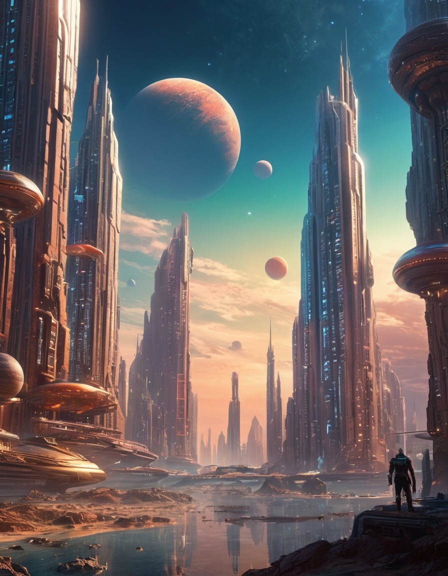 futuristic, cityscape, skyscrapers, distant planet, space scene