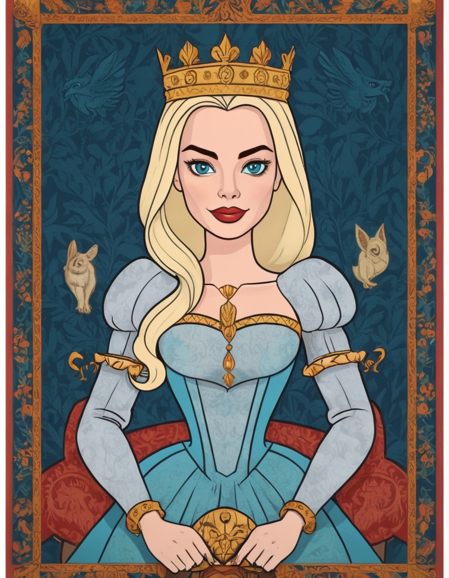 margot robbie, actress, medieval queen, painting, tapestry, mythical creature, fantasy