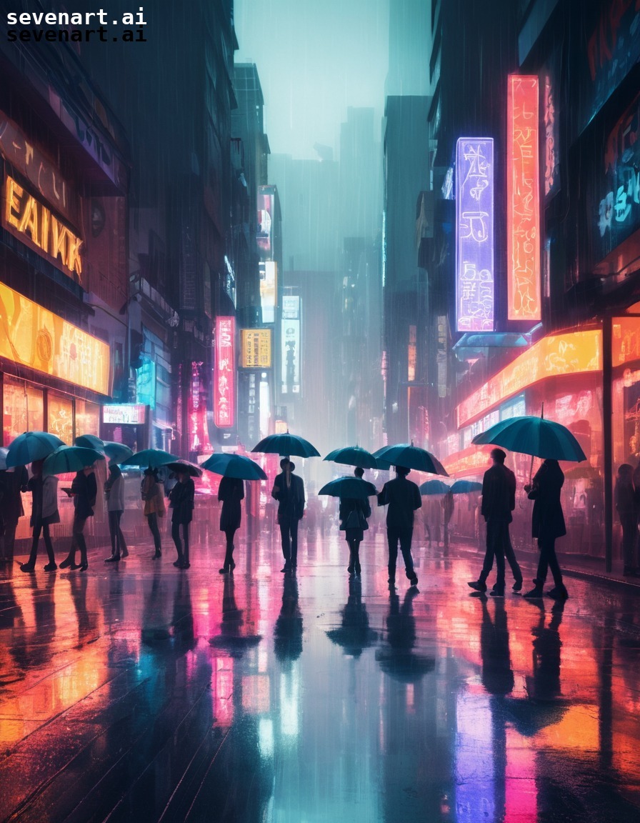 cityscape, urban life, rain, umbrellas, nightlife, modern city, city