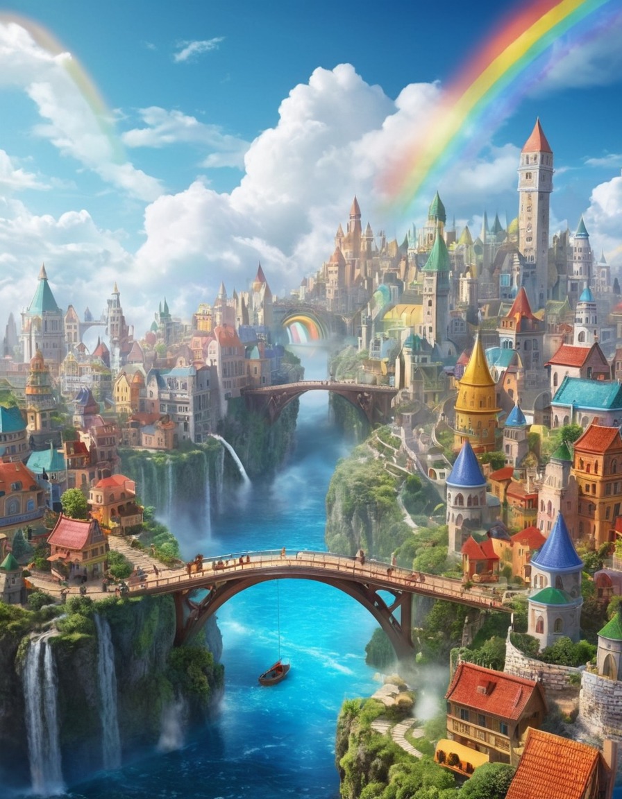 floating city, clouds, rainbow bridges, fantasy scene, magical, architecture, dreamlike