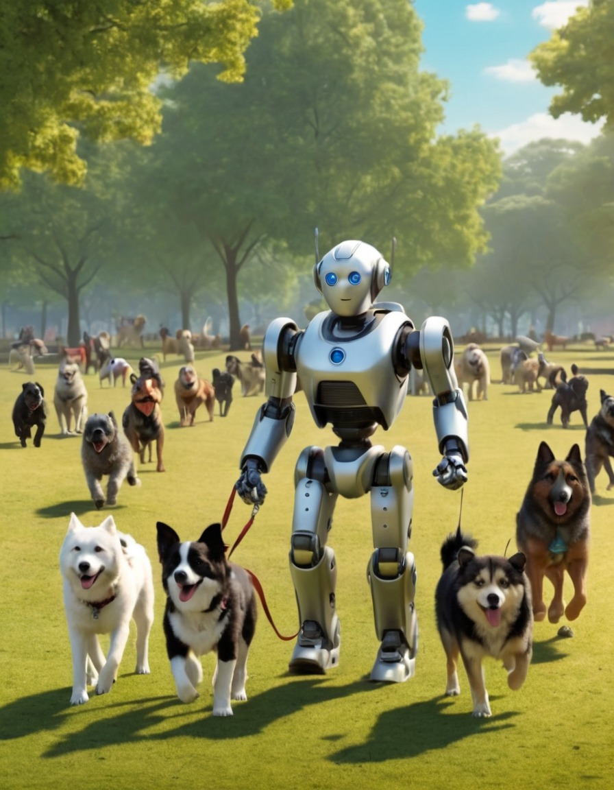 robot, dogs, park, walking, artificial intelligence, futuristic, bizarre