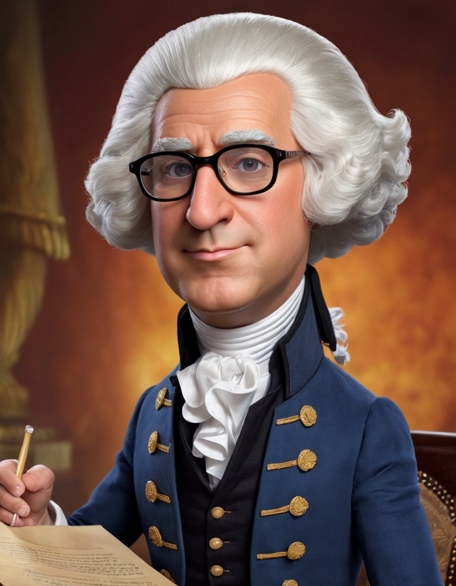 george washington, caricature, oversized wig, glasses, silly expression, funny