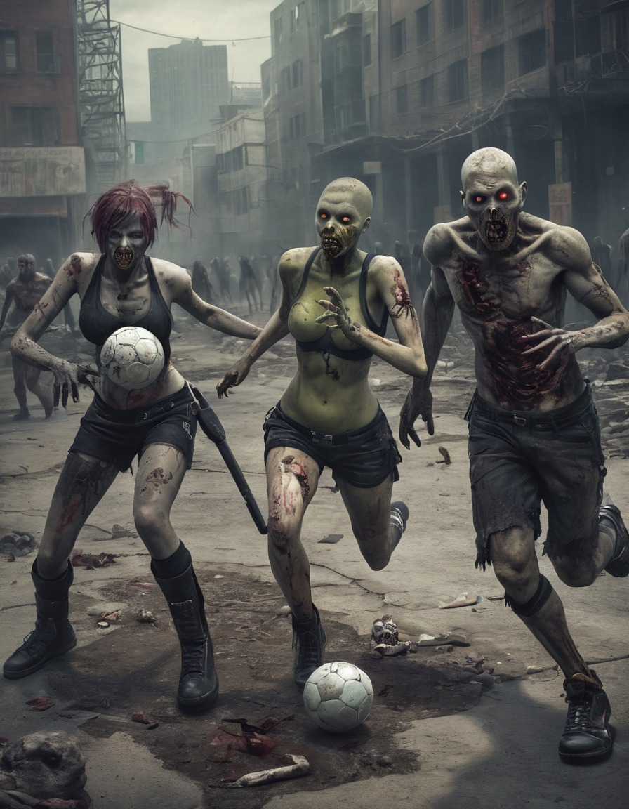 zombies, soccer, post-apocalyptic city, horror football, undead sports, zombie