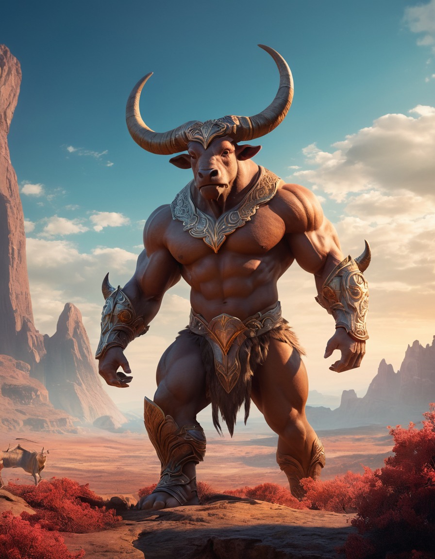 mythical creature, fantasy, landscape, minotaur, otherworldly, majestic