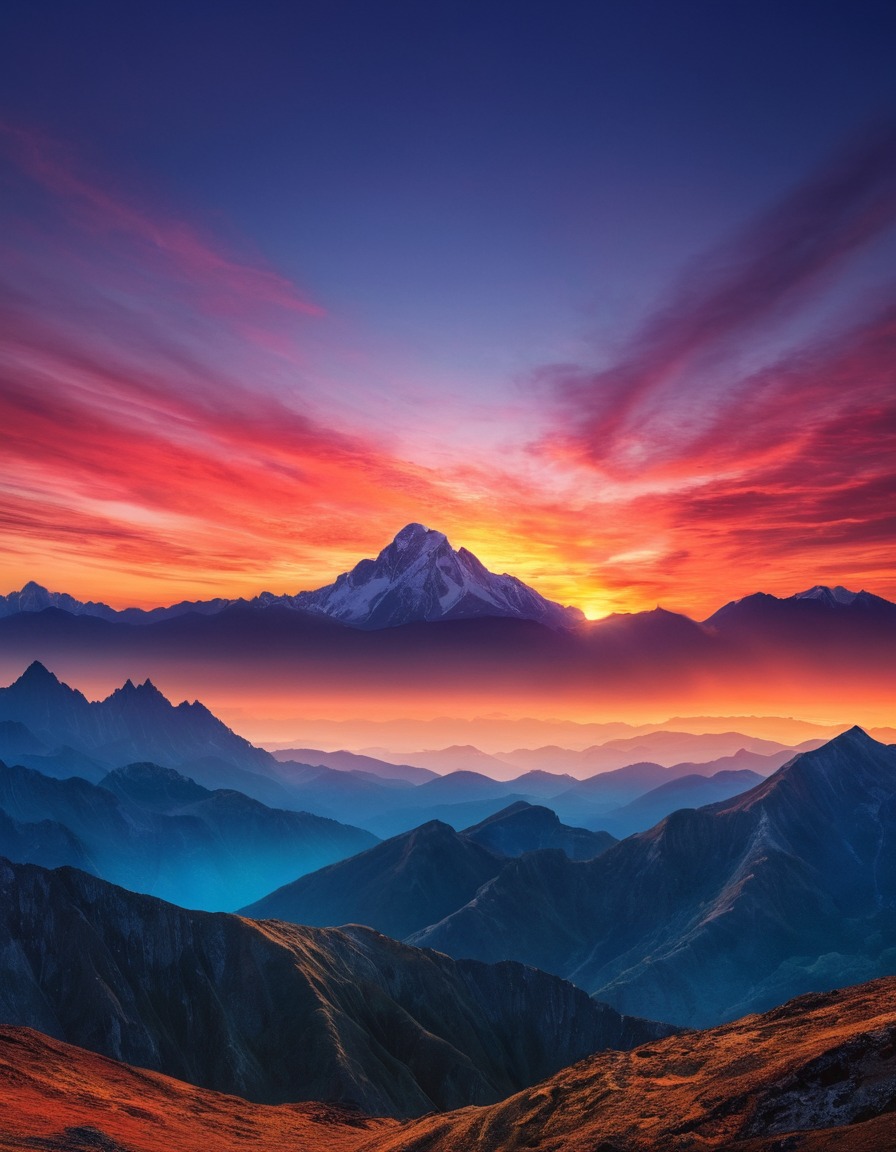 mountain range, sunrise, vibrant colors, nature