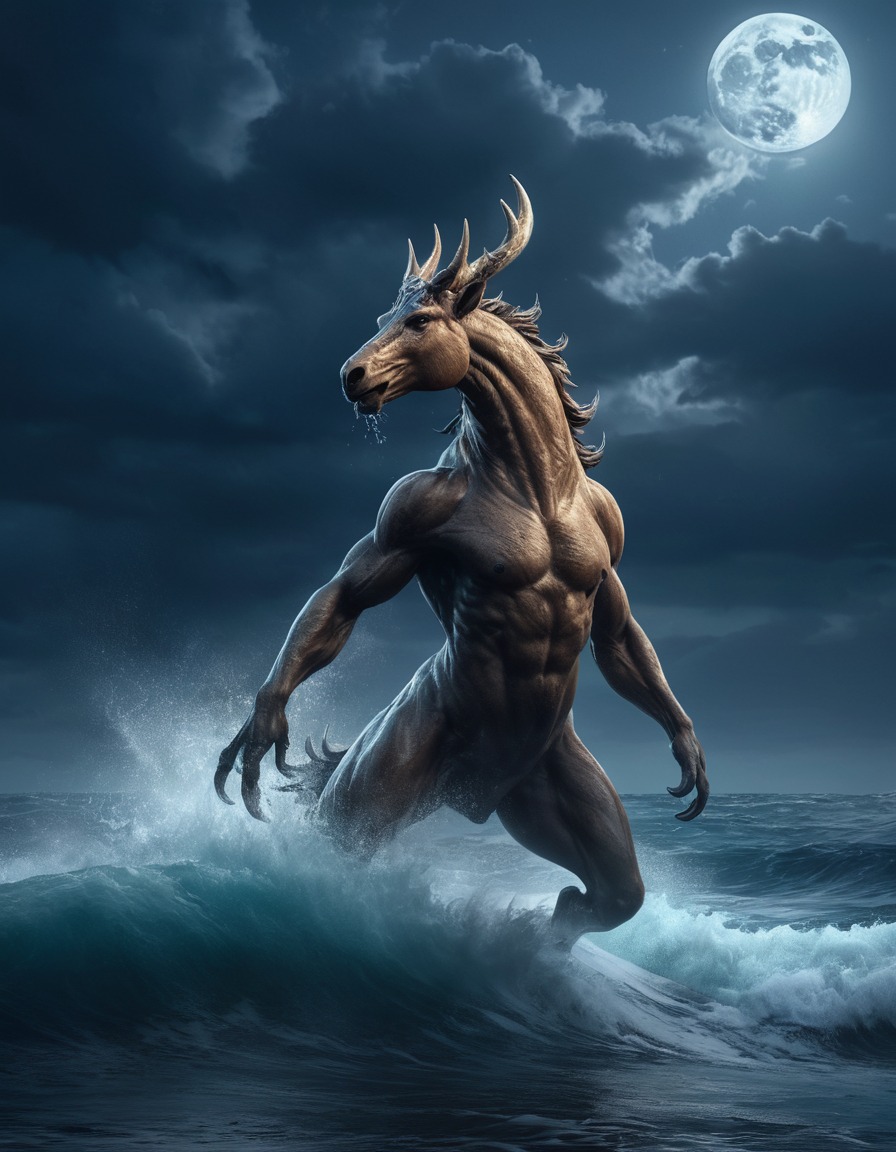 nuckelavee, mythical creature, stormy ocean, moonlit night