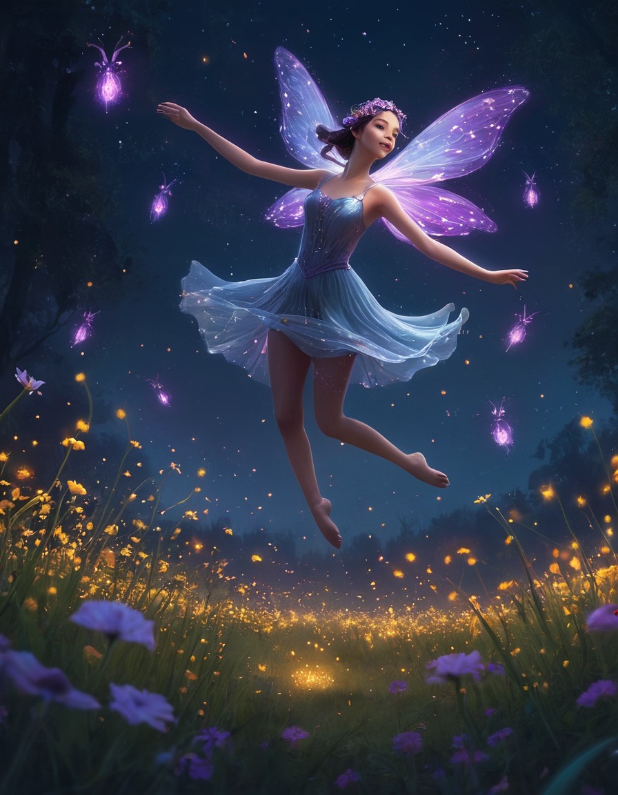 fairy, dancing, field, blooming flowers, fireflies