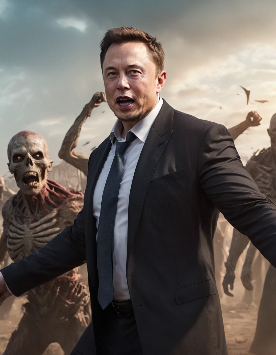 elon musk, zombie, fight, sci-fi, fiction, humor