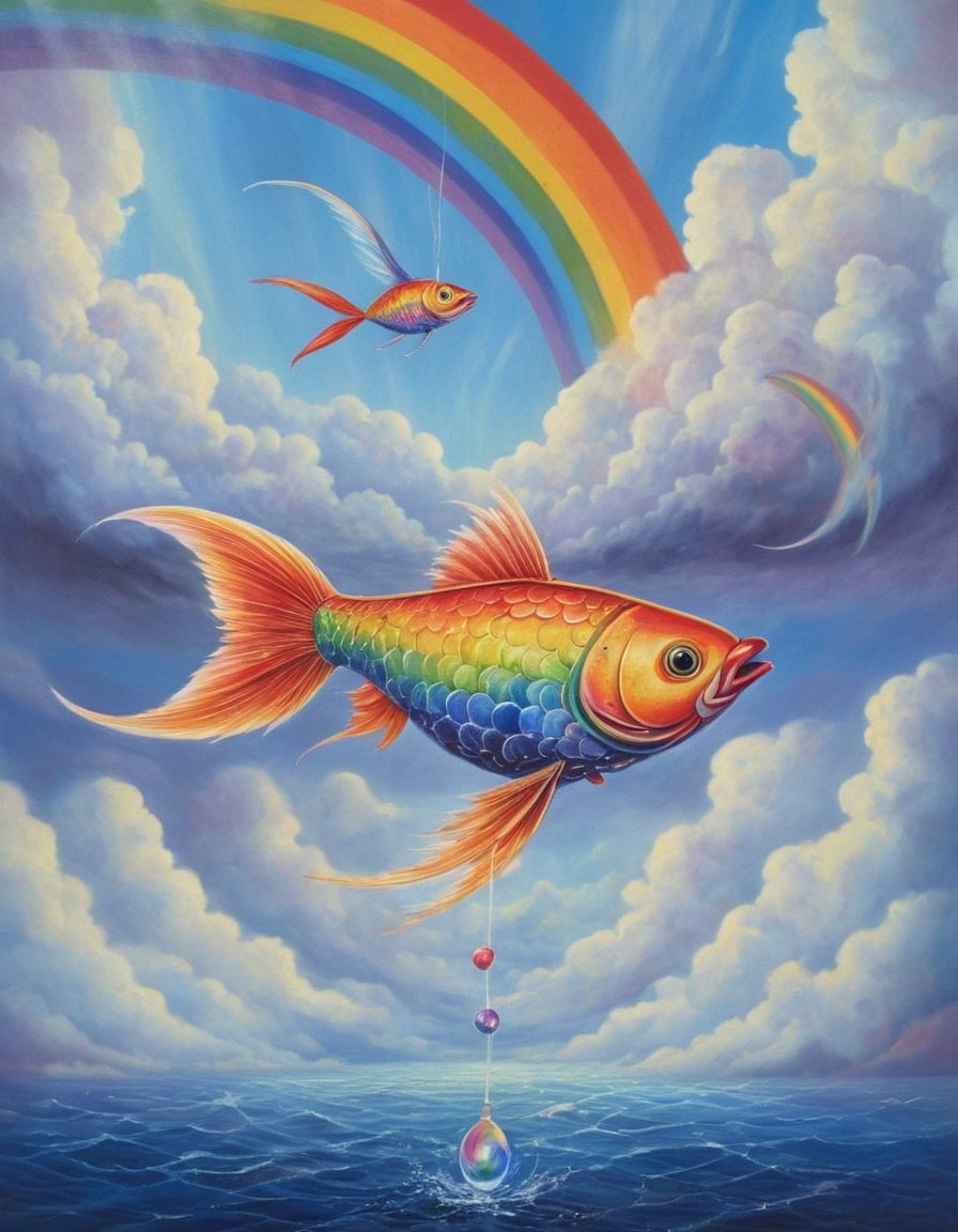 flying fish, rainbow, clouds, magical, surreal