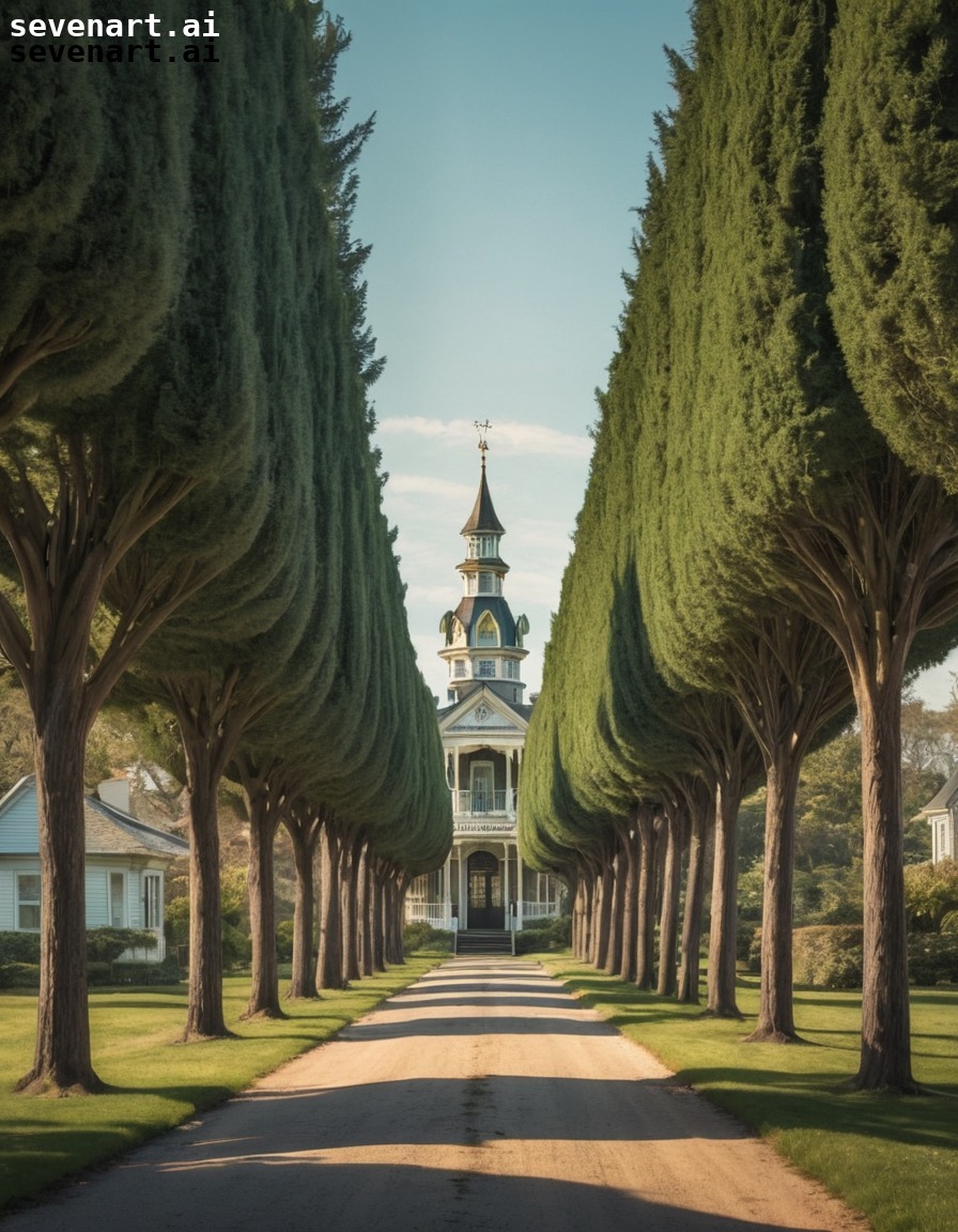 victorian architecture, tree-lined avenue, symmetrical design, suburban neighborhood