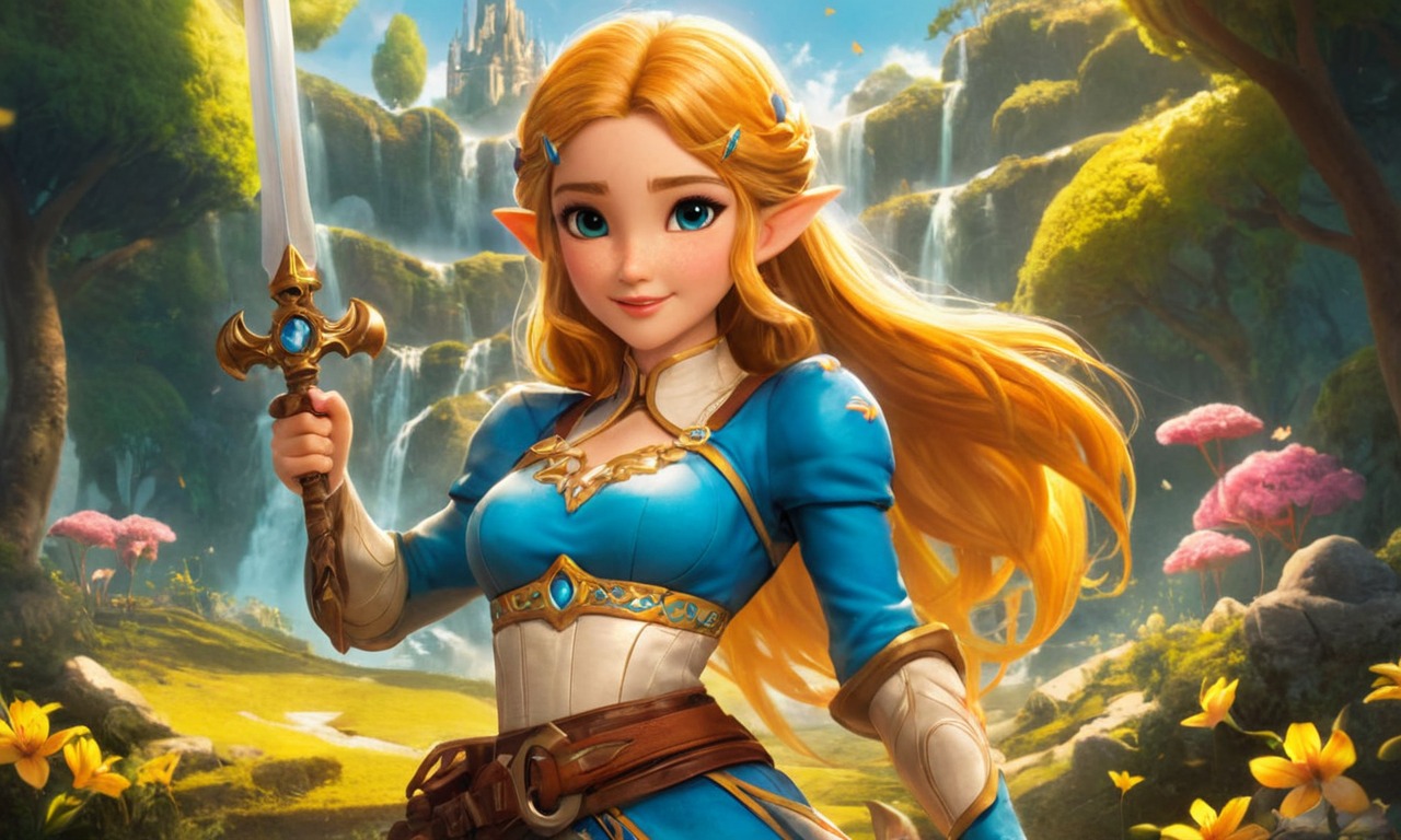 fanart, videogamefanart, wallpaper, link, digitalart, cartoon, nintendo, anime, characterdesign, digitalpainting, princess, animegirl, beauty, blondegirl, blondehair, blueeyedgirl, blueeyes, daytime, fantasyart, fantasycharacter, magic, portrait, waterfall, whitedress, zelda, dailychallenge, outside, dailychallenges