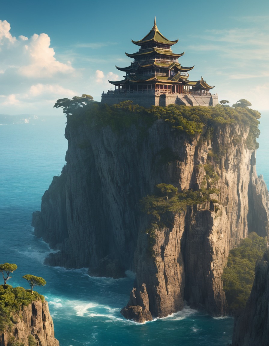 ancient, temple, cliff, sea, scenic view