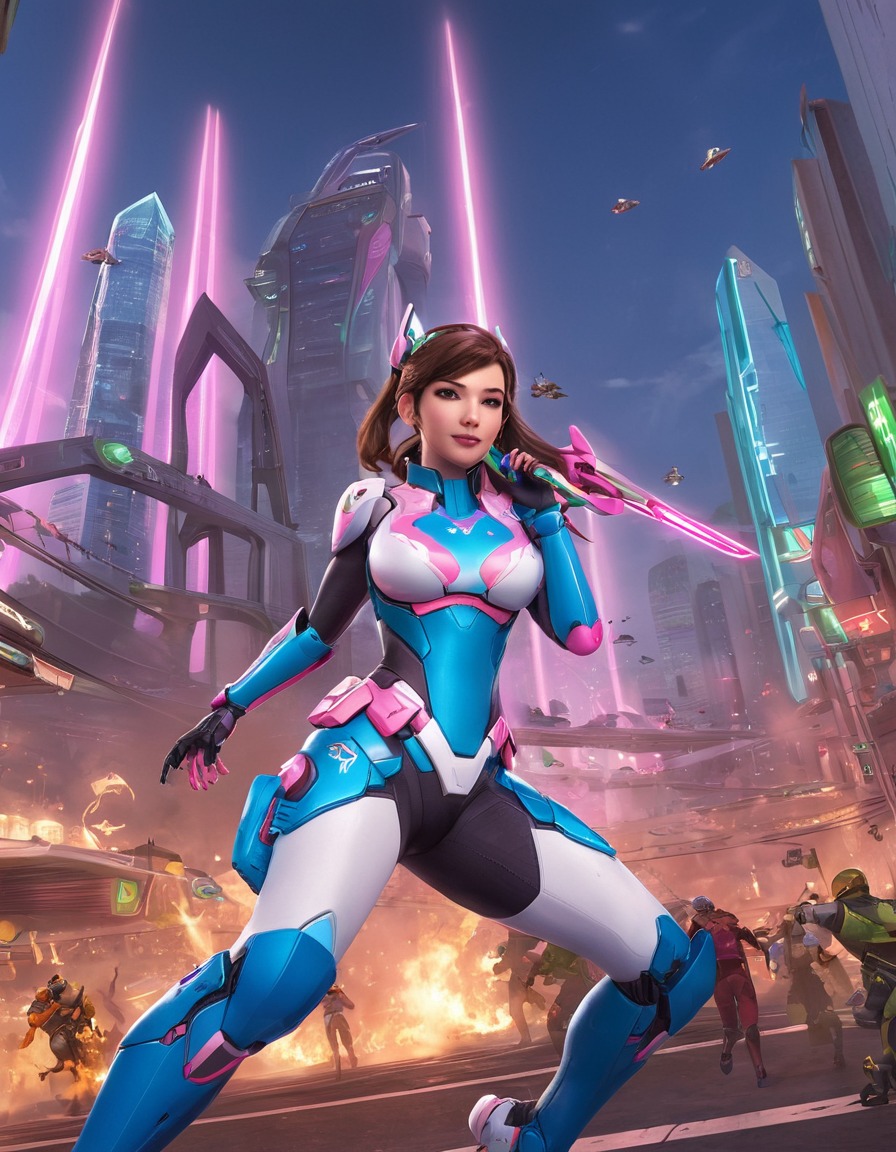 d.va, genji, futuristic, cityscape, battle, overwatch, gaming, computer games