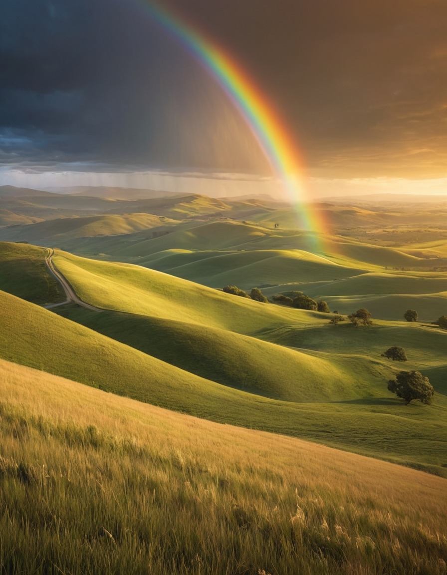 nature, landscape, rainbow, colorful, hills