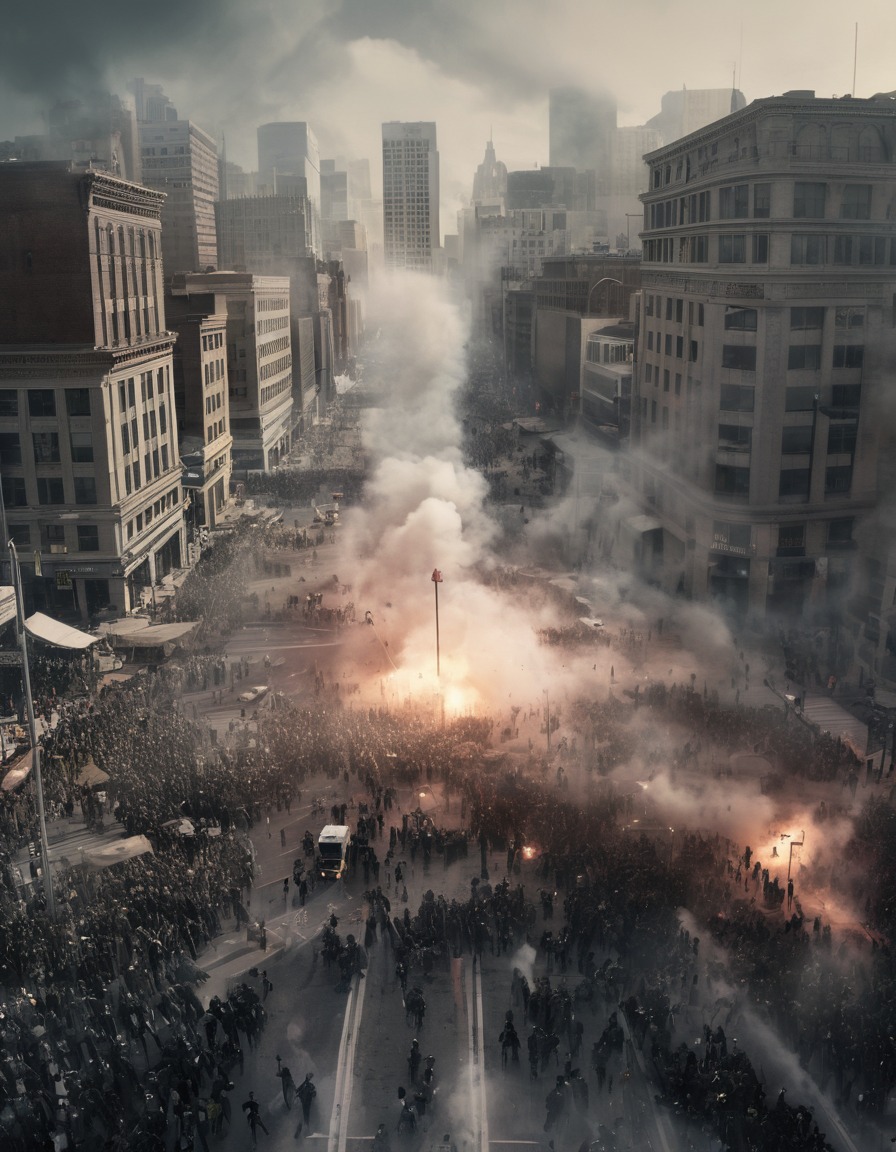 protest, tear gas, city intersection, crowd, unrest, war, usa