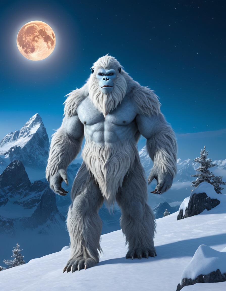 yeti, snow, mountain peak, full moon