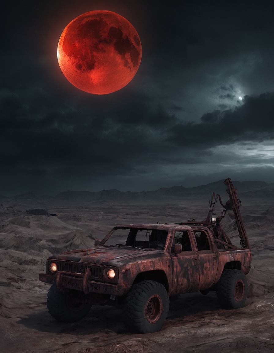 blood moon, wasteland, twisted metal, apocalypse, lunar eclipse, gothic, underground, dark