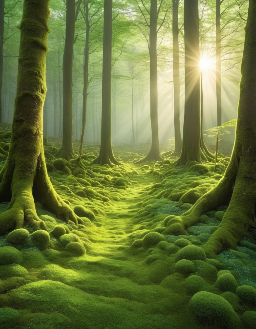 forest, misty, sunlight, canopy, moss, nature, tranquility