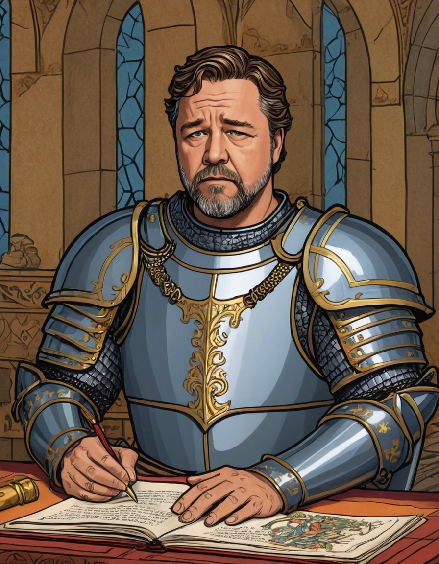 russell crowe, medieval armor, illuminated manuscript, historical reenactment