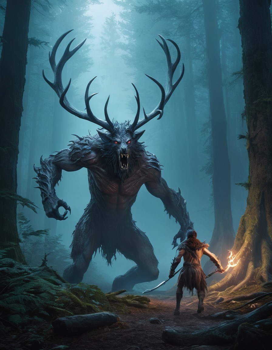 fantasy, hero, wendigo, mystical, forest, brave, thrilling