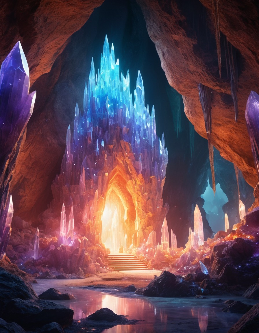 crystal cave, glowing crystals, mysterious energy, fantasy scene