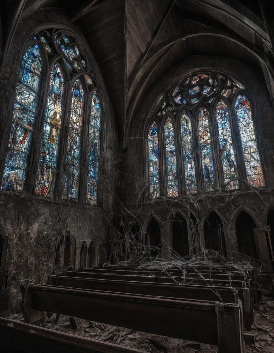 abandoned church, stained glass windows, cobwebs, pews, gothic, underground, dark