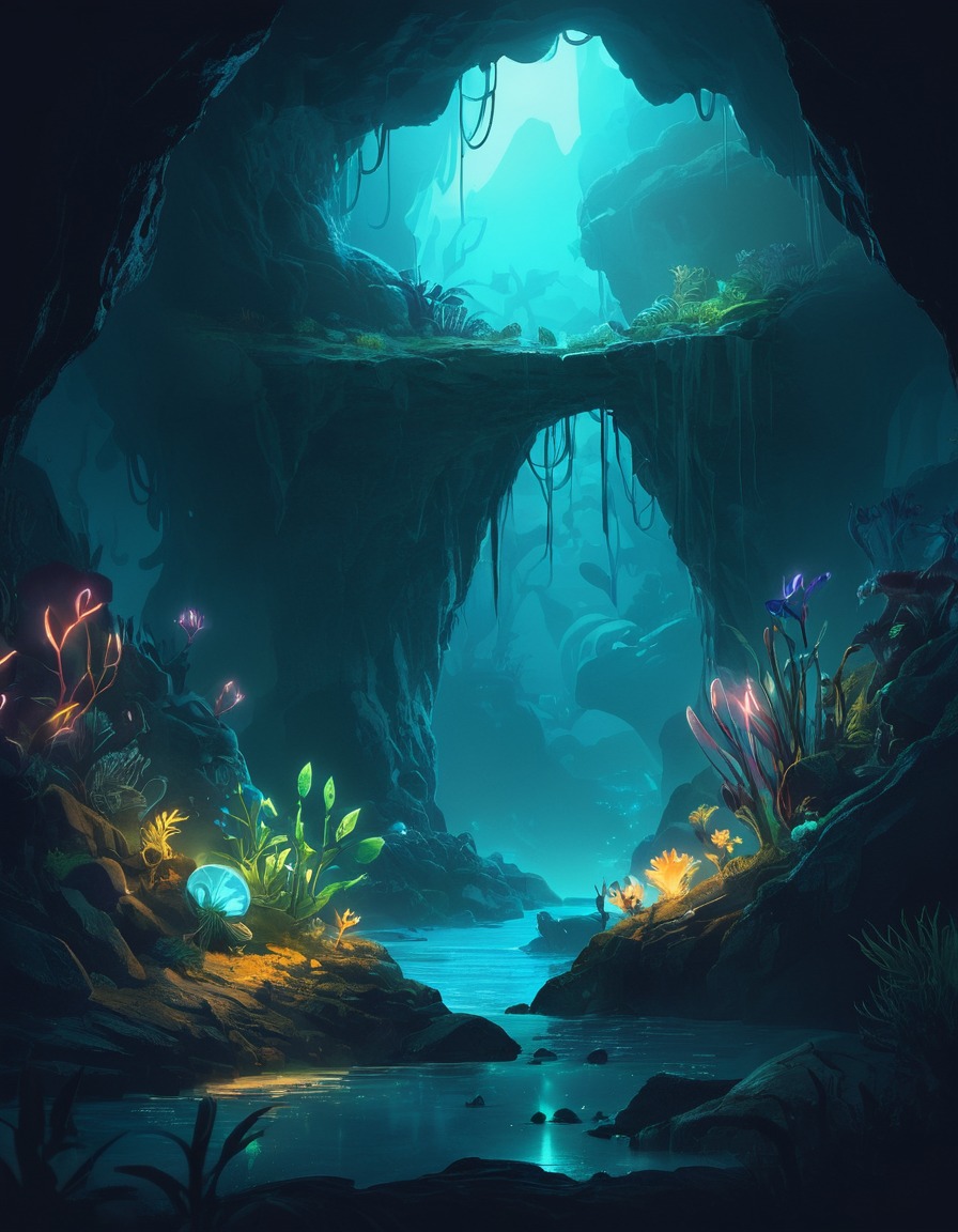 cave, bioluminescent, plants, creatures, hidden, fantastic