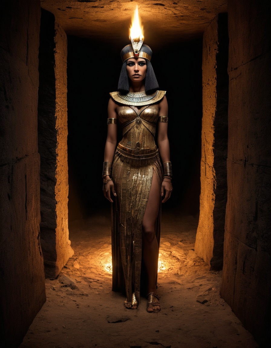 cleopatra, ancient egypt, royalty, torchlight, underground chamber, regal