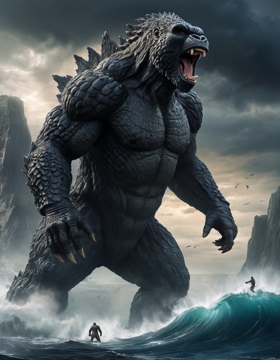 godzilla, king kong, showdown, ocean, cliff, destruction, monsters, kong