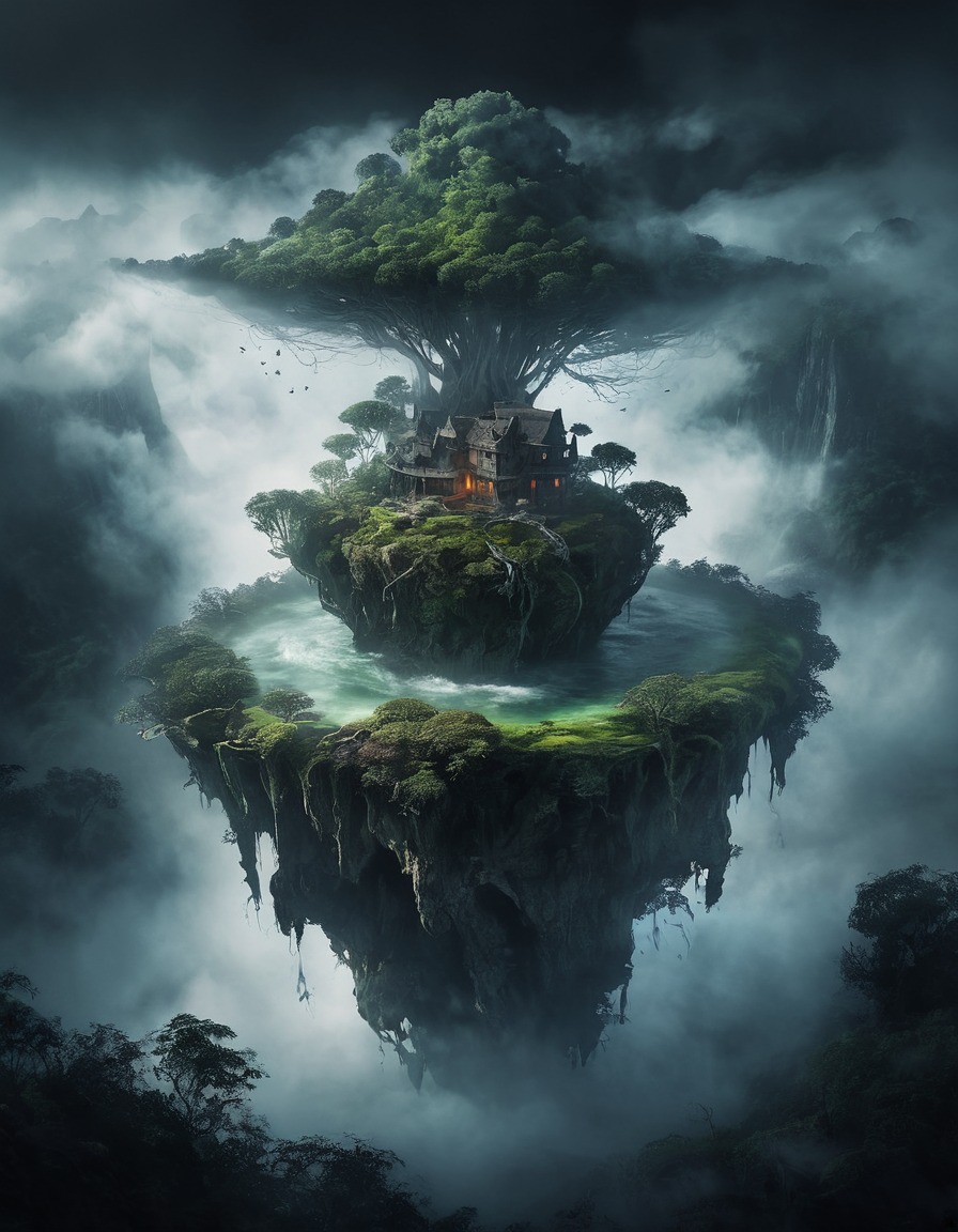 mystical, floating island, swirling mists, nature, fantasy, enchantment