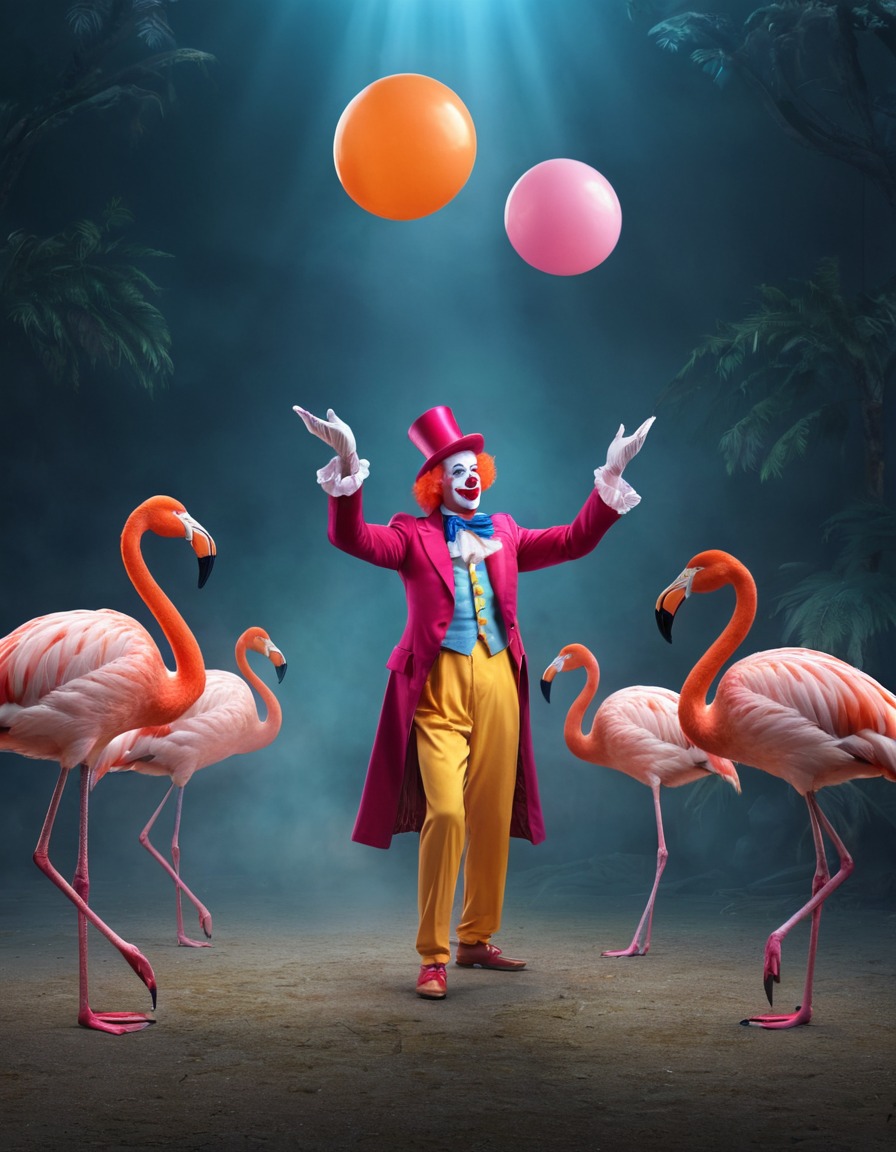 clown, juggling, flamingos