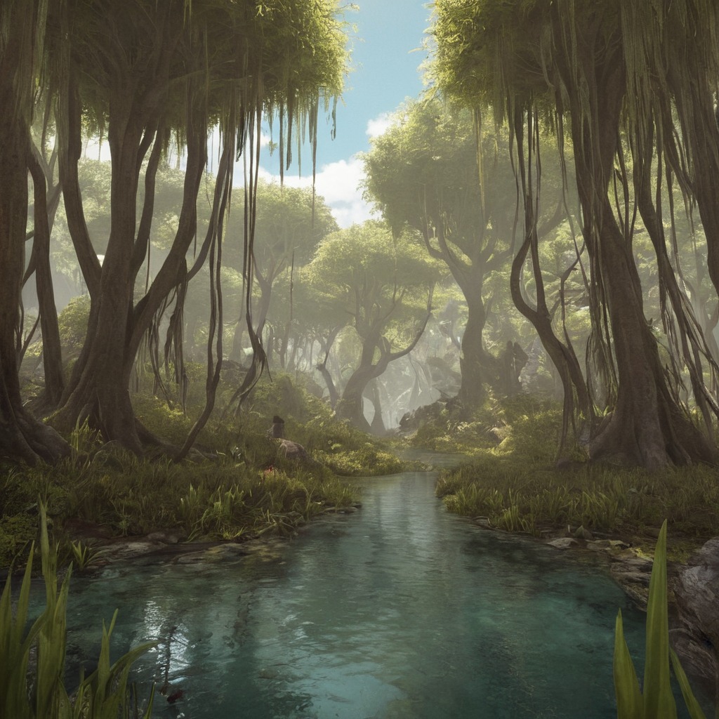 digitalart, fantasyart, waterfall, dreamup, plants, mangrove, swamp, ai_art