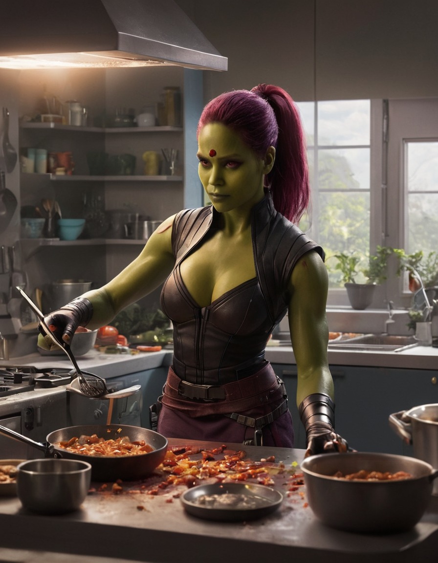 gamora, cooking, kitchen, marvel, dinner, superhero, superheroine, bikini