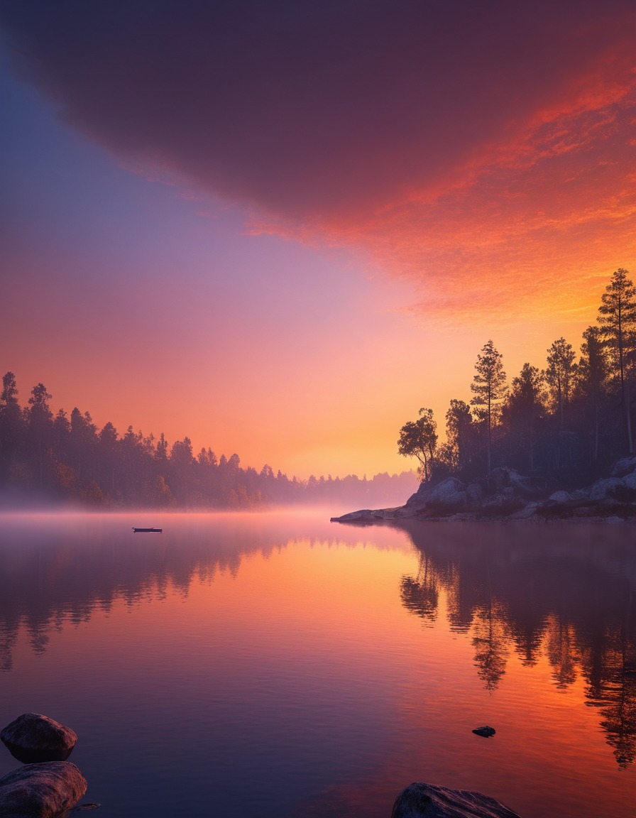 sky, dawn, fiery, colors, lake, misty, nature