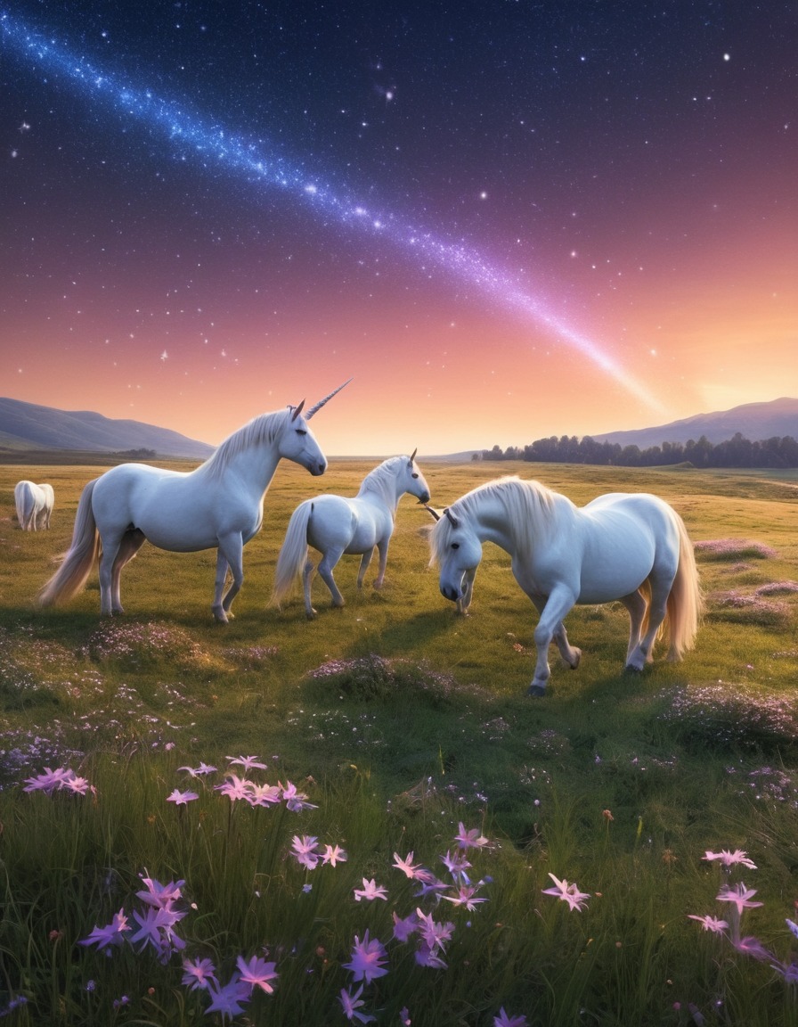 unicorns, meadow, shooting stars, fantasy landscape, fantastic