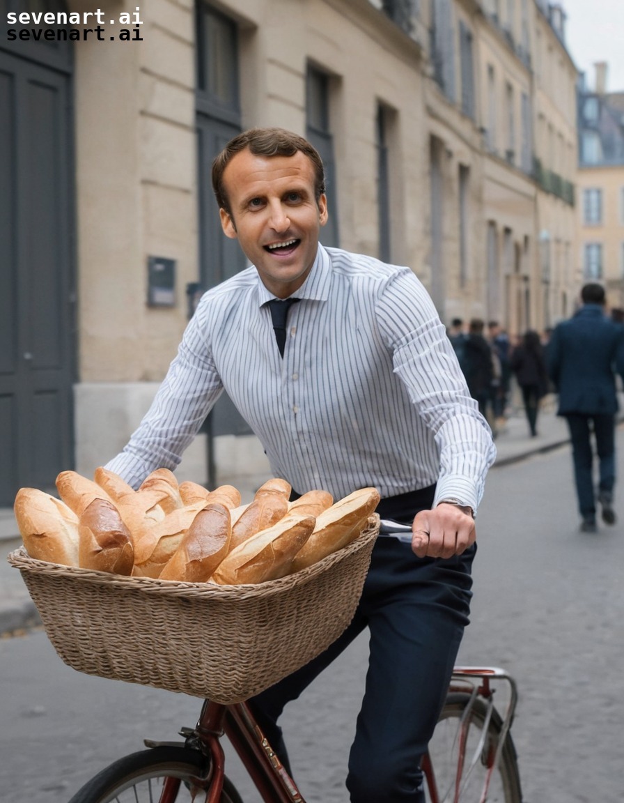 bicycle, baguette, striped shirt, fake mustache, humor, emmanuel macron, france